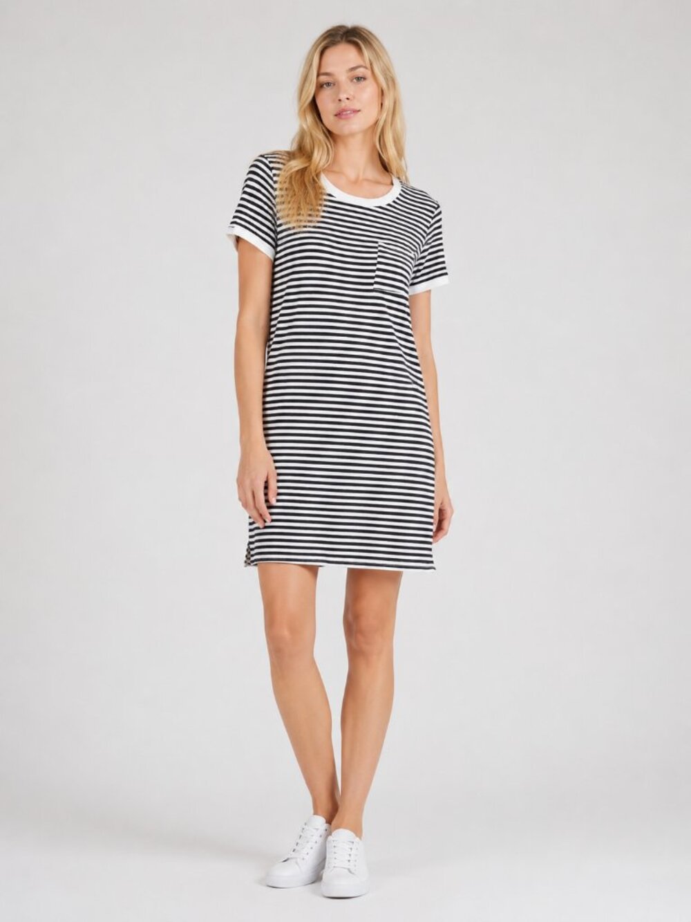 2/$30 Brass & Roe Striped T-Shirt Dress Short Sleeve Black White Small #A1202